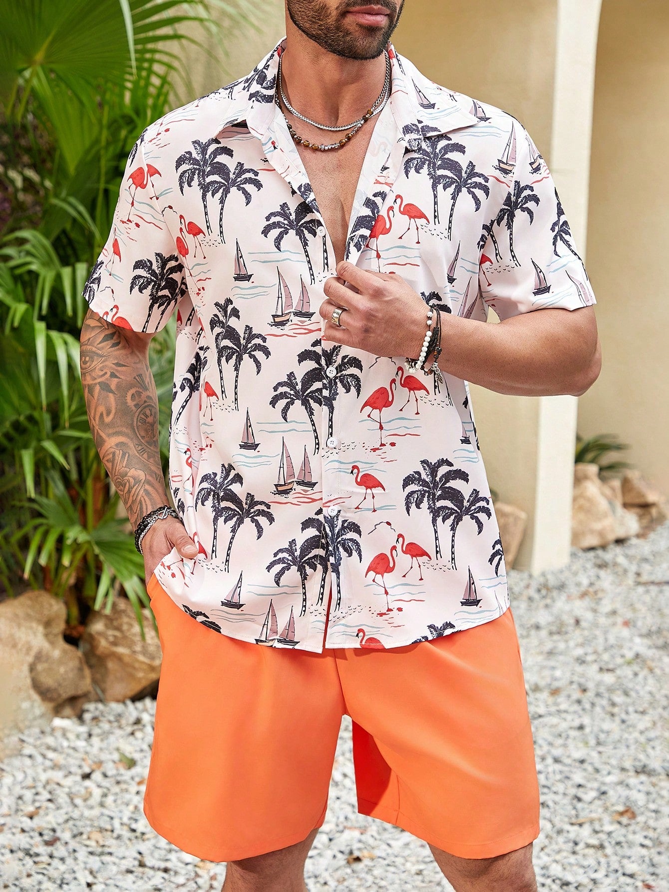 Men's Plus Size Palm Tree Print Short Sleeve Shirt And Shorts Set