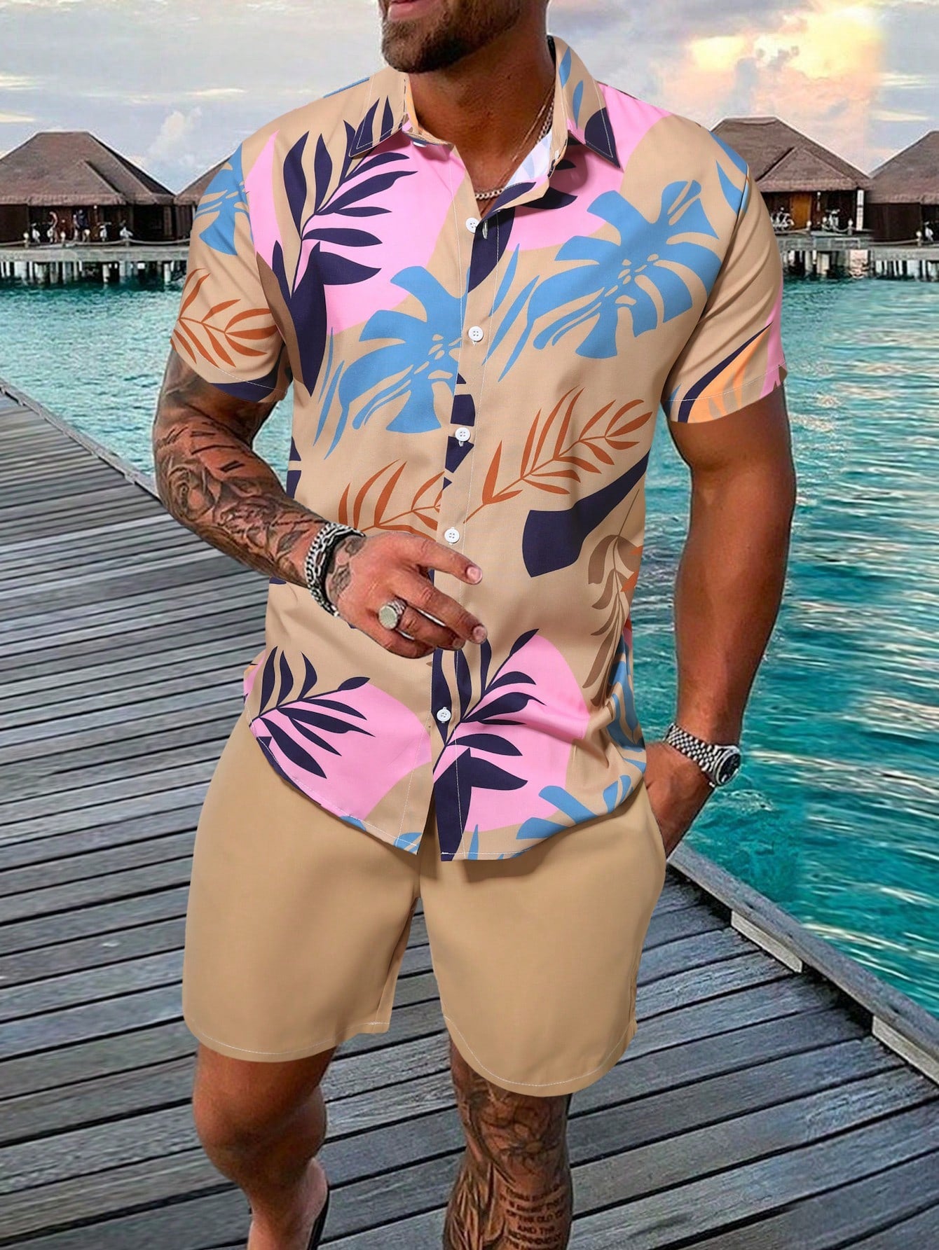 Men Tropical Print Shirt & Shorts