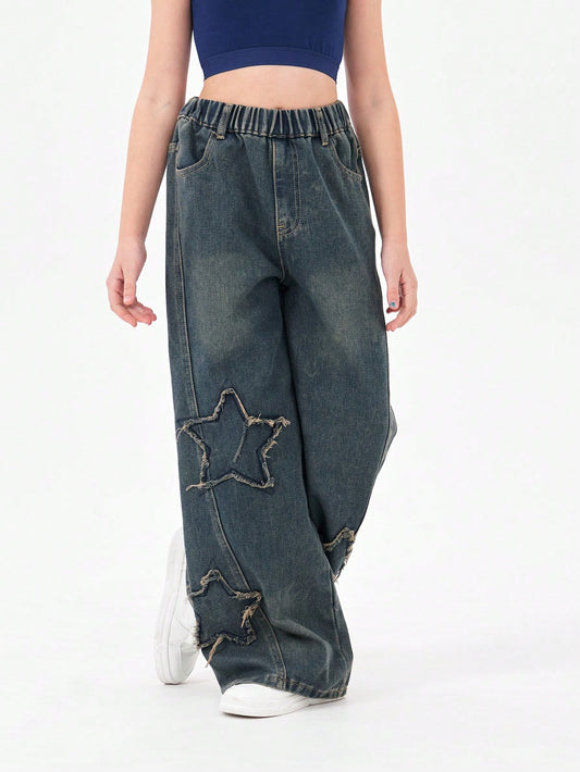 Tween Girl Blue Denim Jeans With Five-Pointed Star, Frayed Hem And Wide-Leg Casual Pants