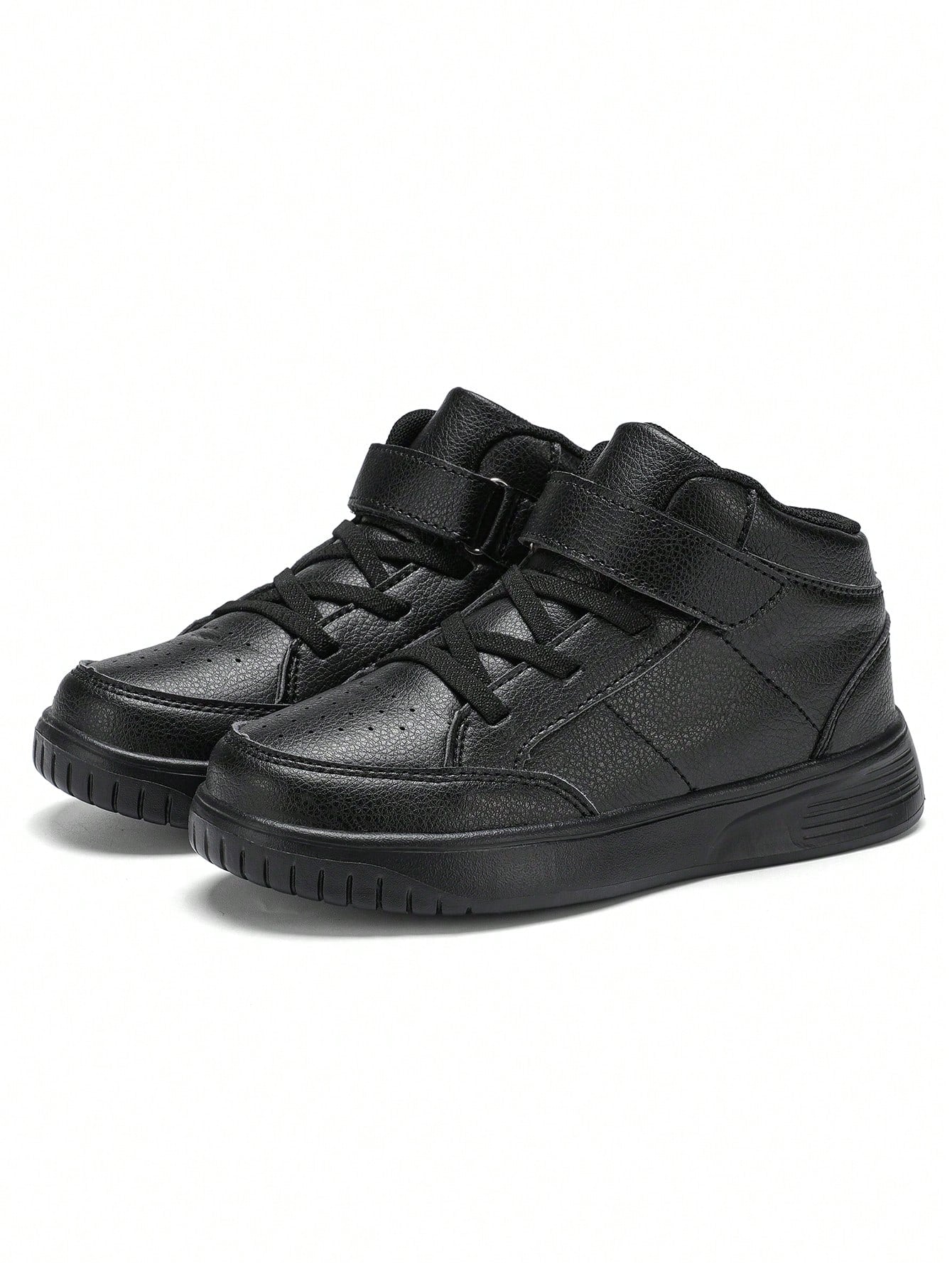 1pair Kids' Black High-Top Athletic Shoes, Unisex Flat Casual Sneakers