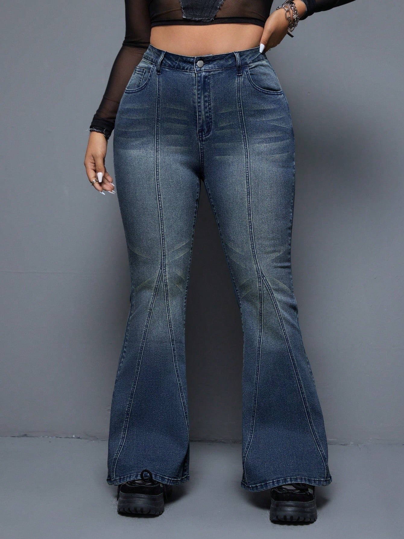 Plus Size Washed Denim Flared Jeans With Slanted Pockets