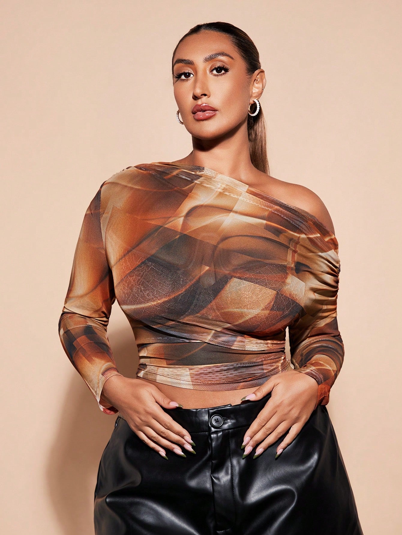 Plus Size Printed Asymmetric Neckline Pleated Slim Fit Top  Mesh Long Sleeve T-Shirt  Marble Top