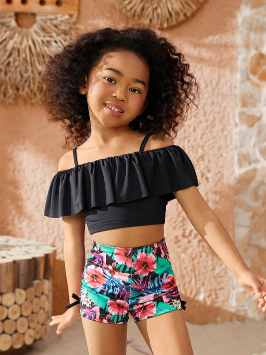 Young Girl Shoulder-Baring Bikini Set Top & Floral Print Shorts Set, Spring/Summer Summer Beach