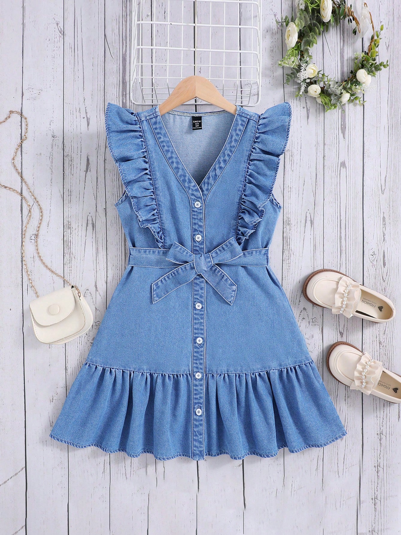 Tween Girls' Lovely Doll Collar, Ruffle Sleeve, Belted, Loose Fit, Comfortable And Soft Denim Dress