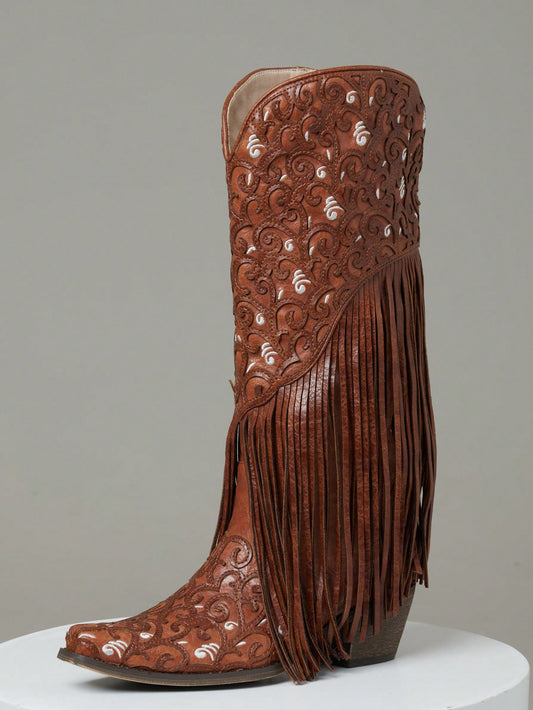 Western Boots Mid Calf Boots Cowgirl Boots Chunky Heel Brown Boots Fashion Pointed Toe Brown Boots Knee High Embroidered Boots Pull On Fringe Boots