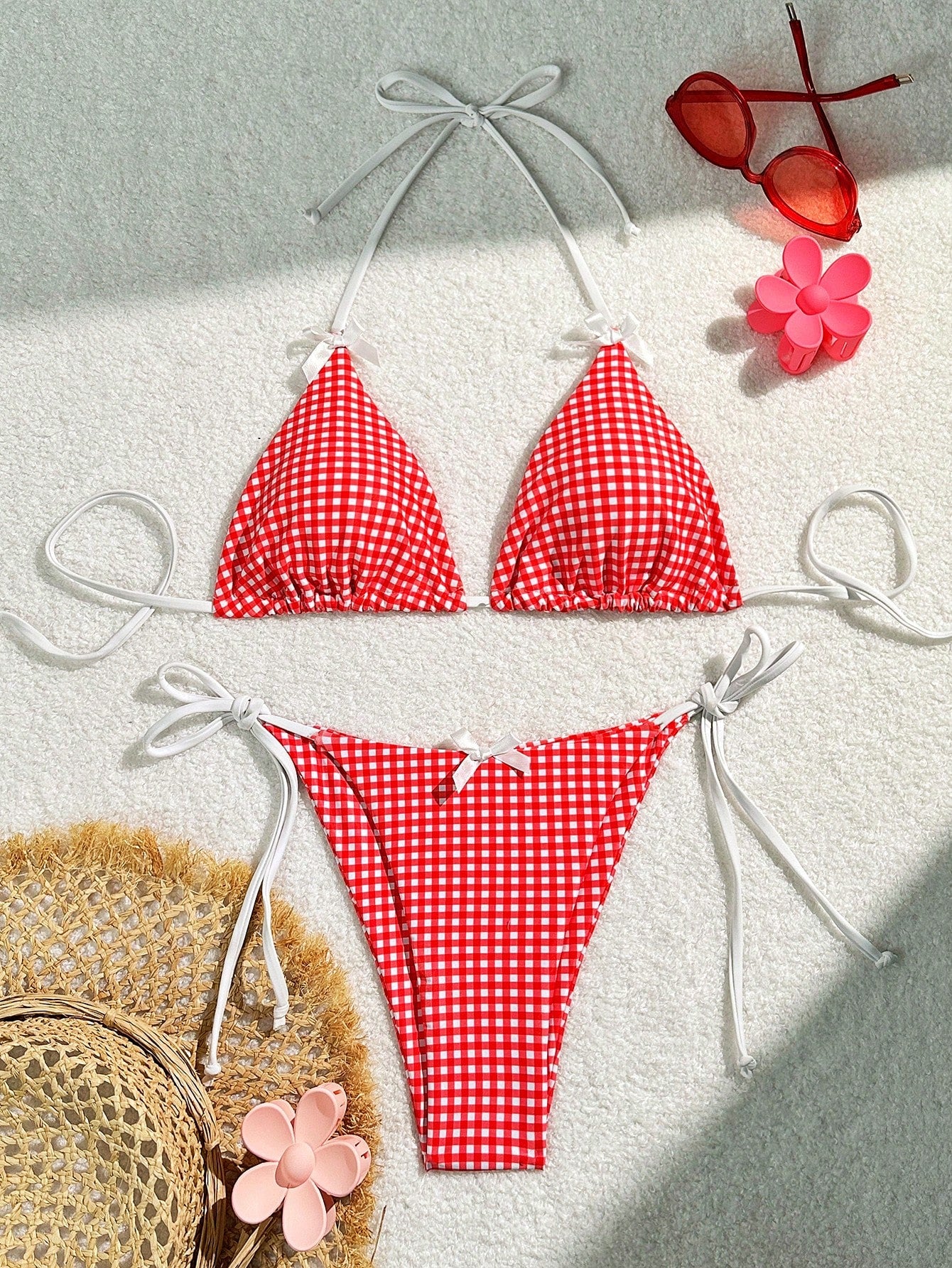 Swim Mod Summer Beach Checkered V-Neck Halter Bikini Set