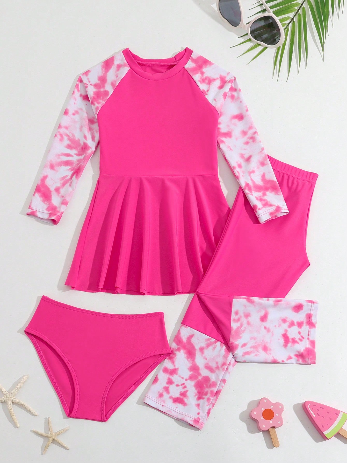 Young Girl Tie-Dye Print Spliced Swimsuit Set, Long Sleeve Bathing Suit Beach Outfit Rash Guard Summer Vacation