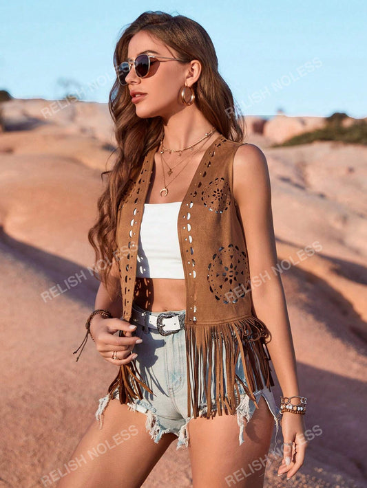 RELISH NOLESS Vacation Style Faux Suede Fringe Hem Vest Jacket