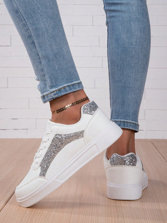 Teen Girls' White Fashion Sneakers With Silver Glitter, Lace-Up, Casual Running Shoes, Summer, Bestie Style