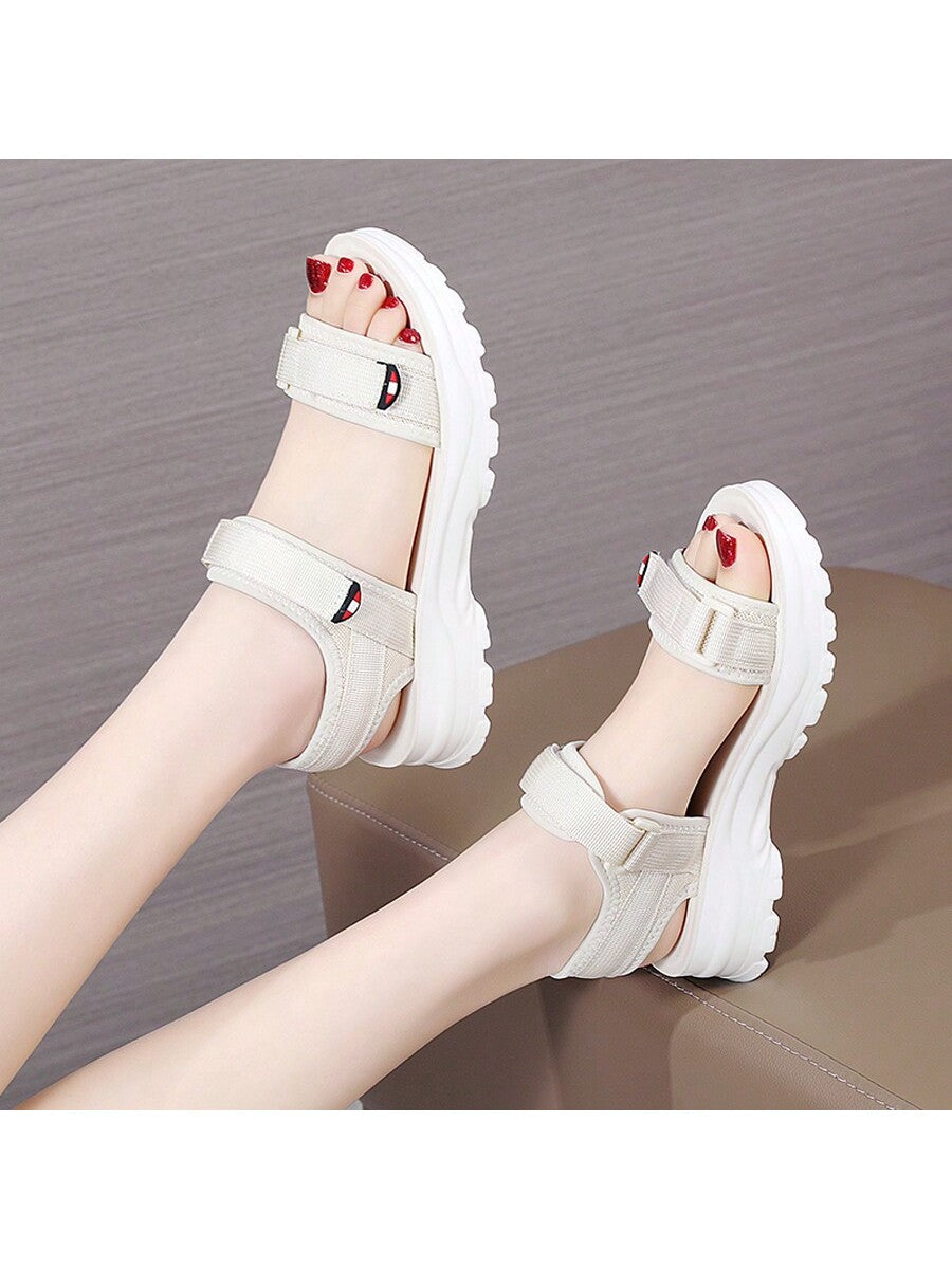 Women's Sporty Sandals Summer 2024 New Arrival Hook And Loop Beach Shoes Light Weight & Water-Friendly Thick Platform Wedges & Clogs Style Open Toe Slippers In Beige