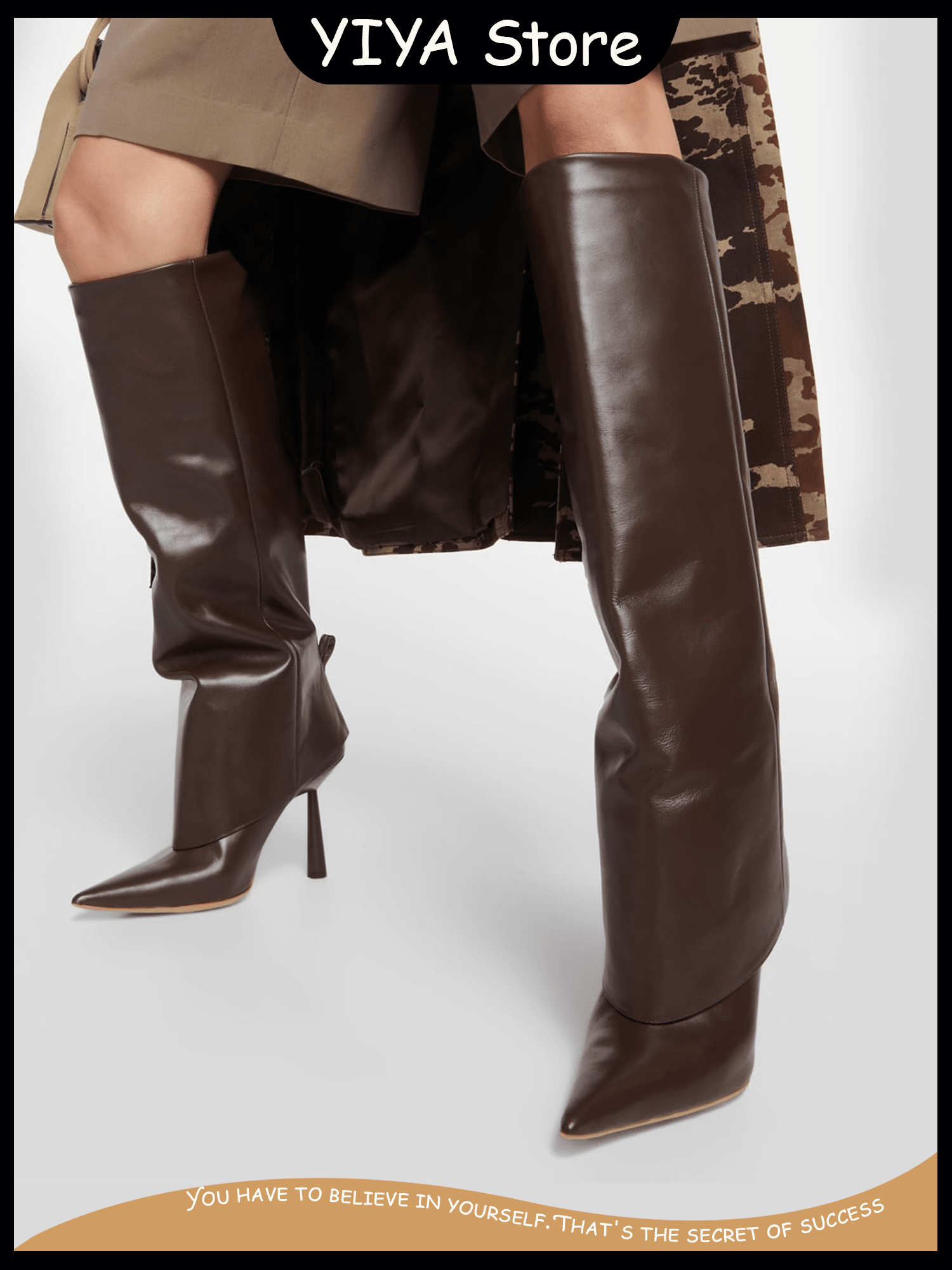 YIYA Fold Over Boots For Women, Pointed Toe Stiletto Heel Knee High Boots Slip On Leather Crocodile Tall Boots