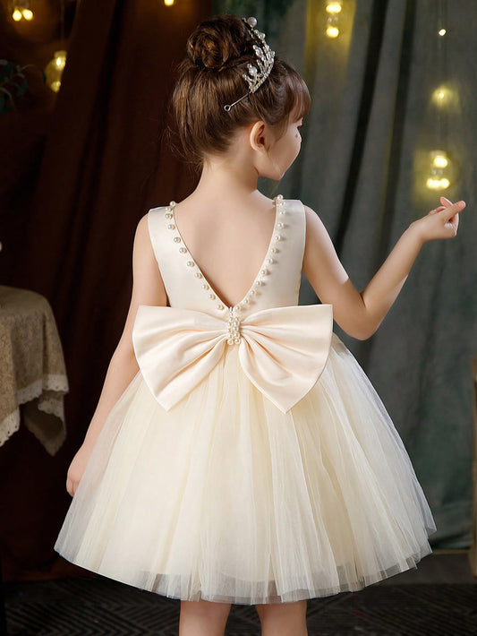 Young Girls' Pearl & Bowknot Decorated Princess Dress, Suitable For Birthday Party, Prom, Delicate Daily Outfit, Festival, Wedding, Stage Performance, Flower Girl