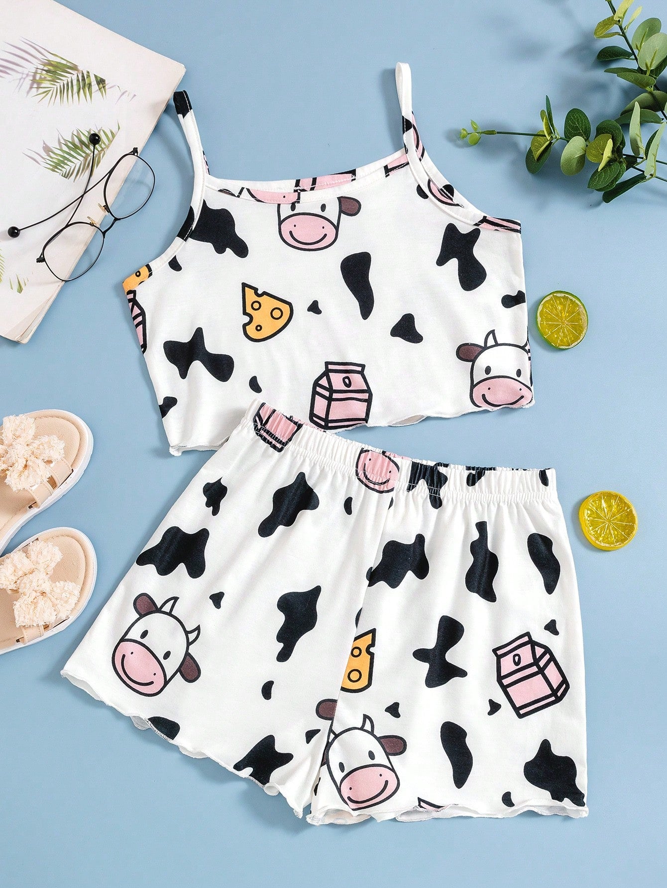 Tween Girl Knitted Wide Leg Pajamas Set, Cow Print Tank Top & Shorts, Summer