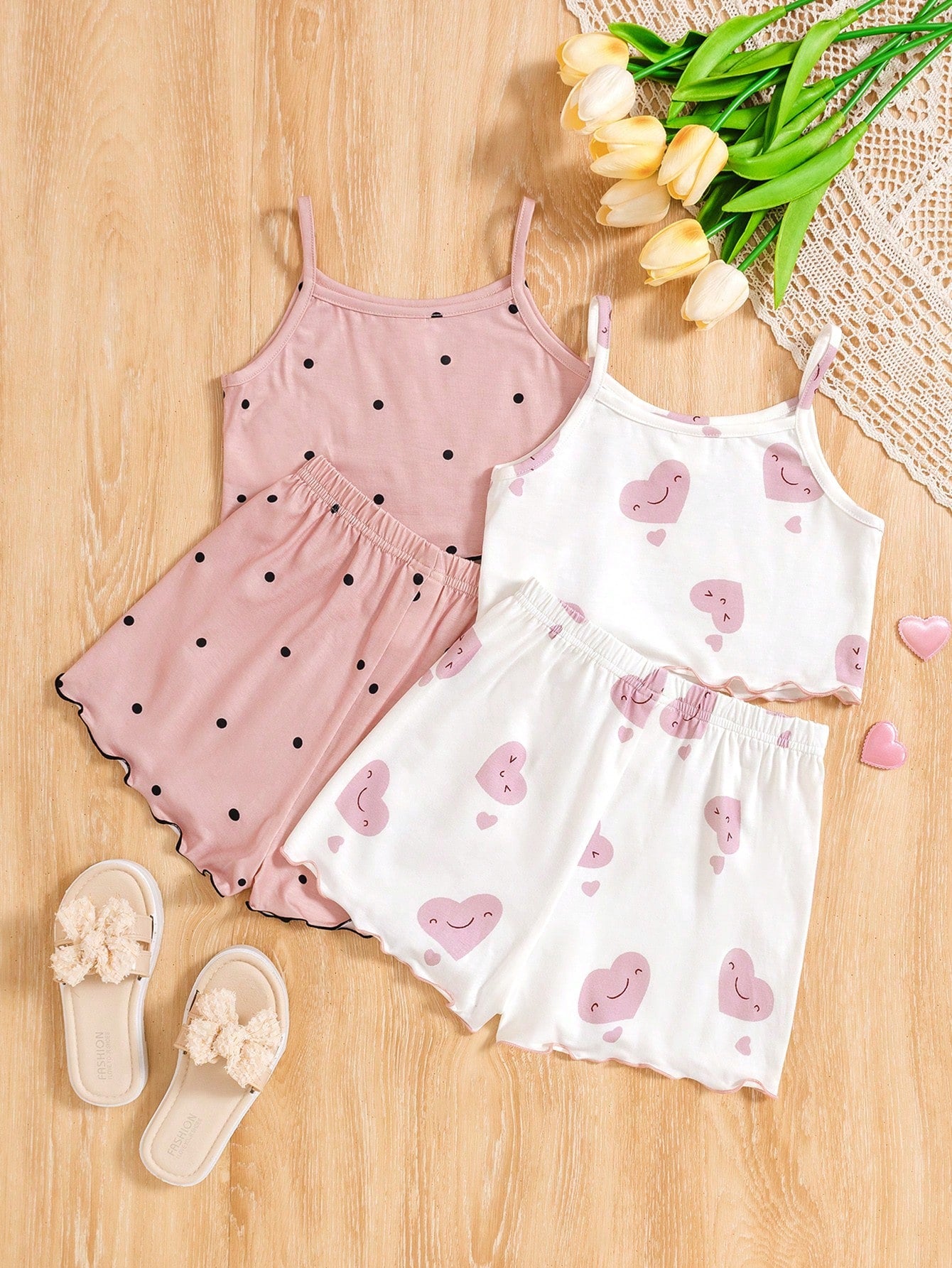 Young Girls' Cute Rabbit Pattern Knit Pajama Set, Camisole And Shorts