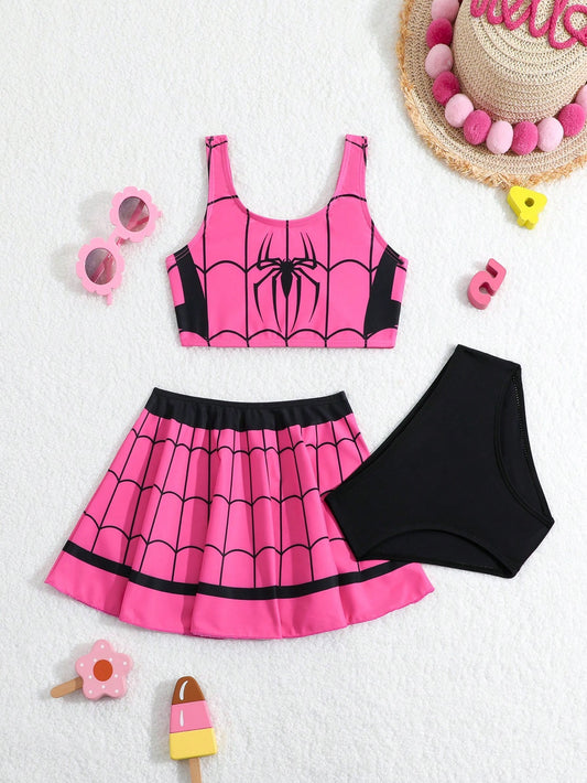 Young Girl Spider Print Bikini Set Three-Piece Set Summer Beach Swimming Bikini Set Top And Bottom Skirt