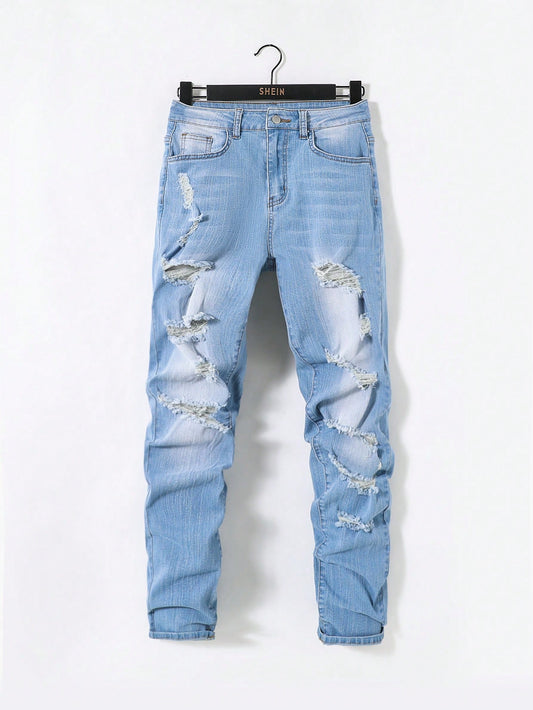 Teen Boy Ripped Frayed Denim Jeans, For Spring And Summer