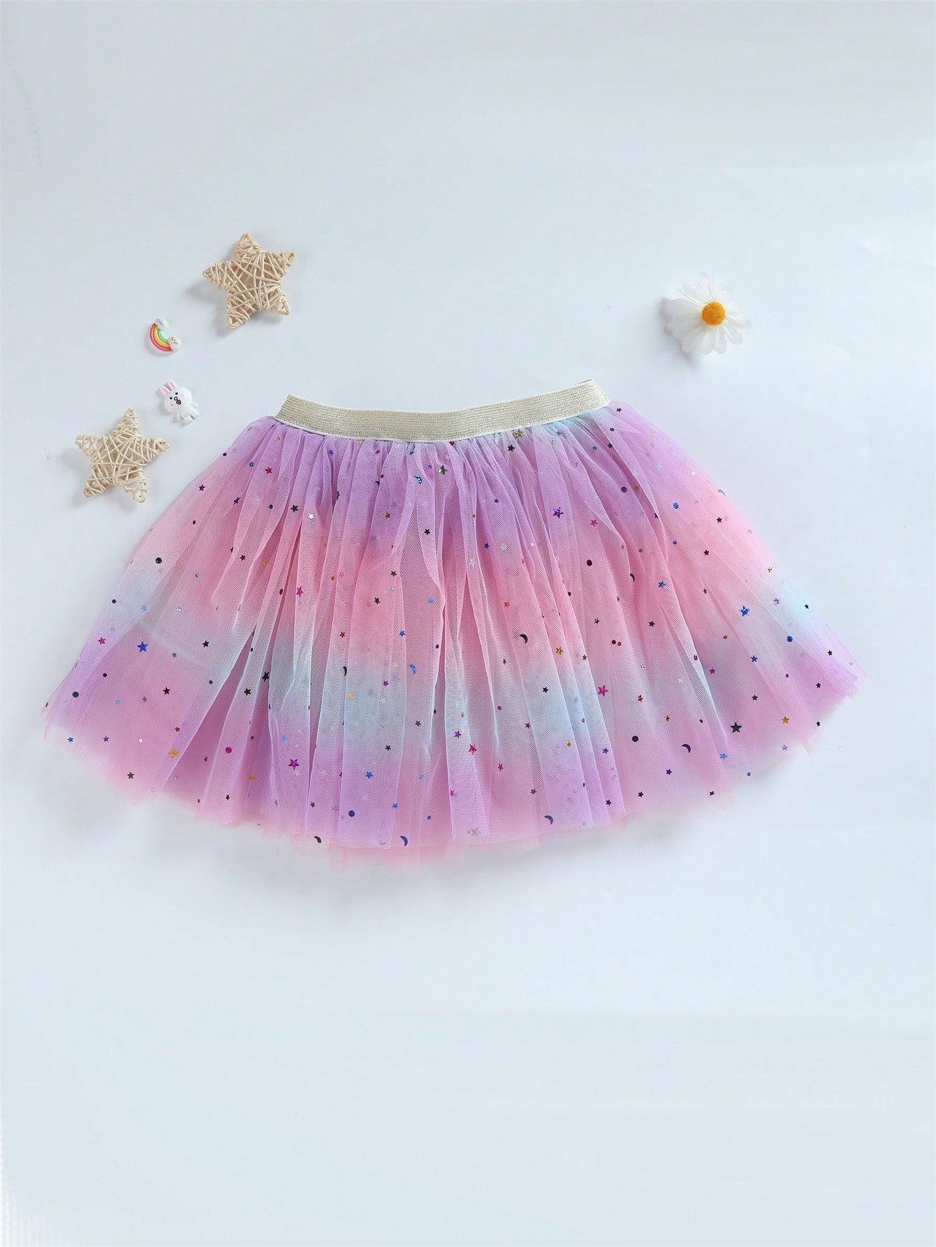 Young Girls' Gradient Mesh Skirt With Moon, Star & Glitter Sequins For Dance, Festival Performance Dress-Up