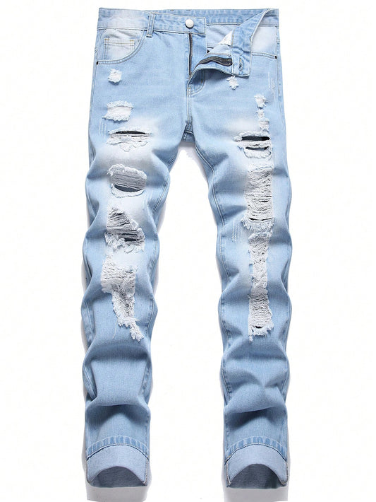 Men Cotton Ripped Frayed Bleach Wash Jeans