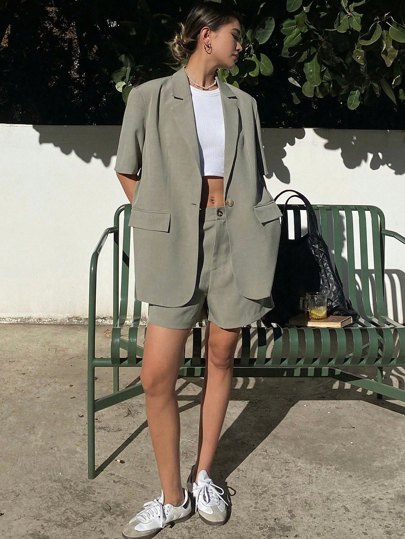 Women's Solid Color Suit Collar Casual Long Sleeve Blazer Jacket And Shorts Set