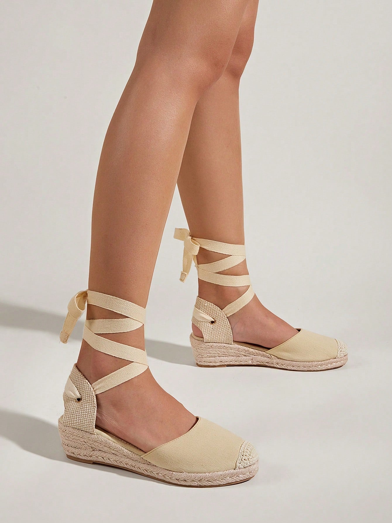 Apricot-Colored Fisherman Shoe Toe Simple & Lightweight Ladies' Single Summer Shoes Comfortable & Versatile Handmade Woven Straw Bottom Long Ties Small Wedge Heel Shoe