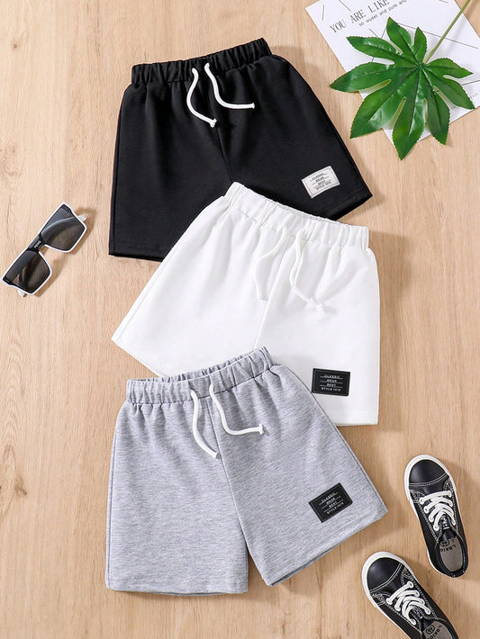 Young Boy 3pcs Letter Patch Drawstring Waist Shorts