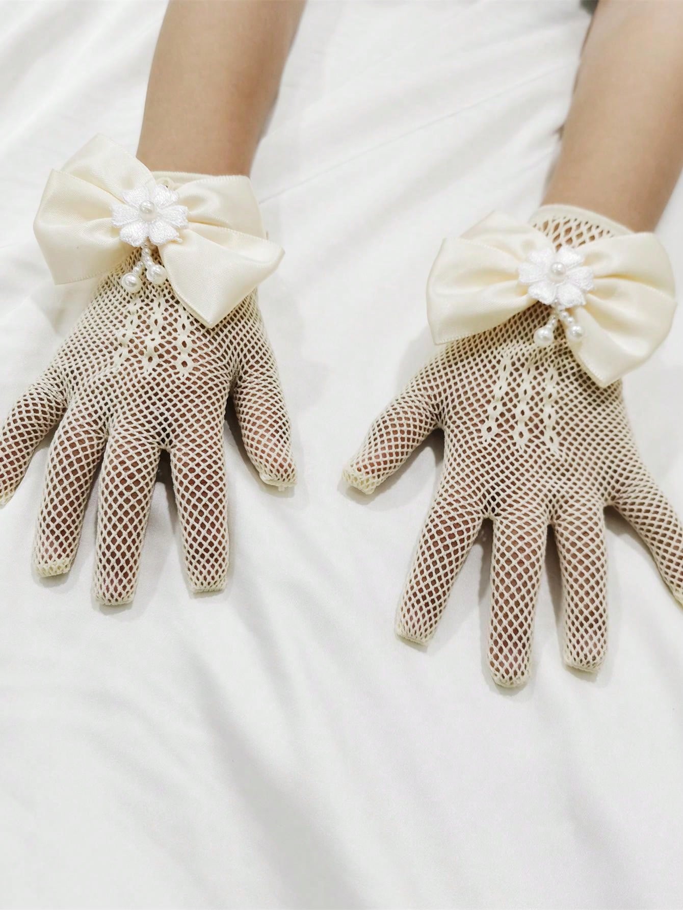 1pair Princess Style Lace Hollow Out Bowknot & Pearl Decor Party Gloves