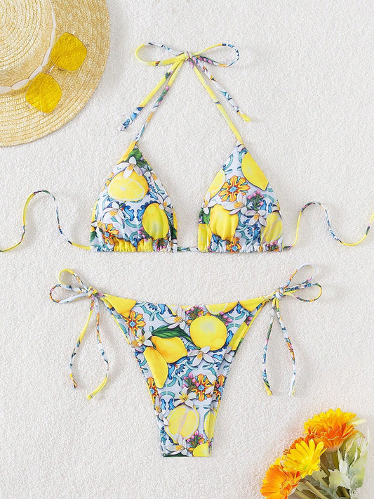 Swim Mod Summer Beach Ladies' Lemon Printed Halter Neck Tie Bikini Set