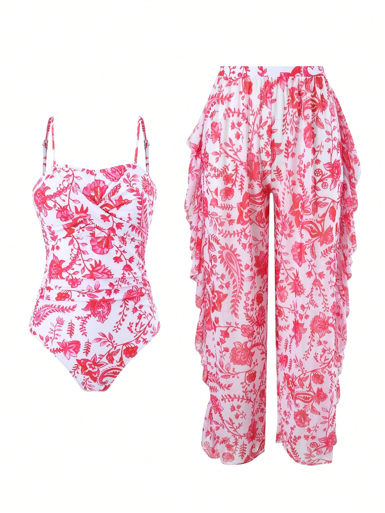 Teen Girl Botanical Printed Spaghetti Straps One-Piece Swimsuit & Cover Up Pants