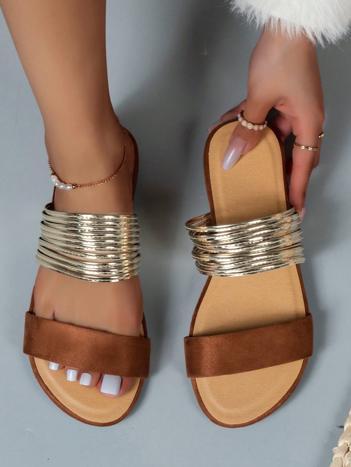 Summer New Roman Style Flat Sandals For Girls, Golden Cross Straps Slipper