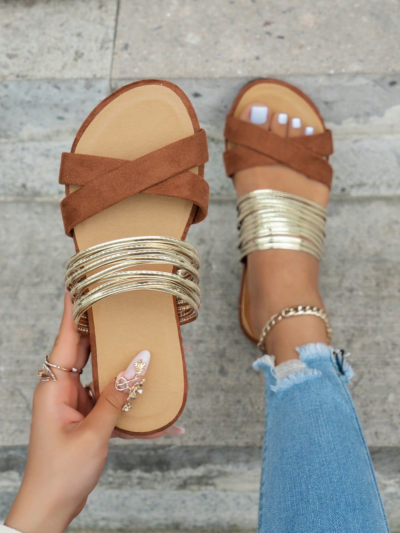 Summer New Roman Style Flat Sandals For Girls, Golden Cross Straps Slipper