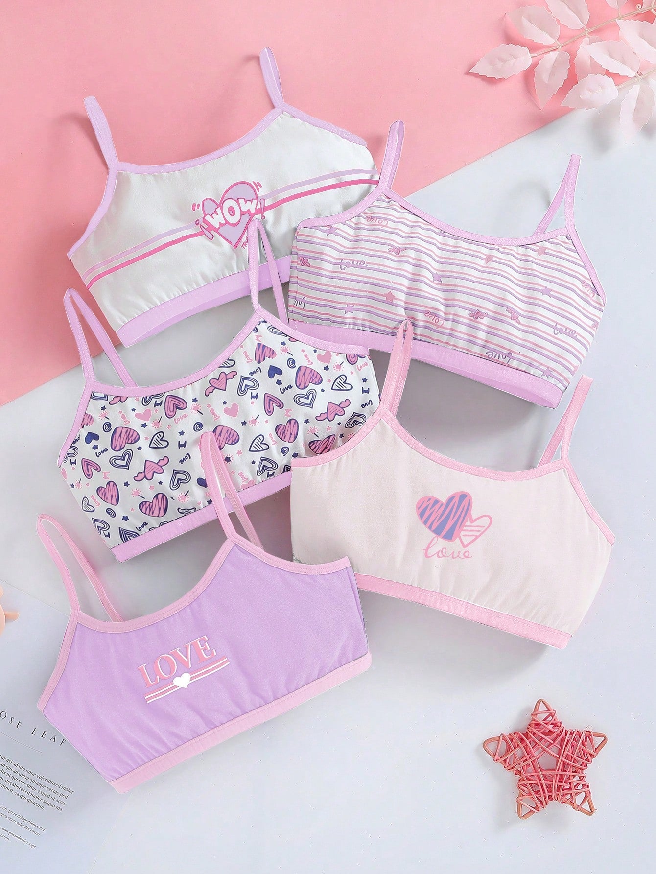 Tween Girl 5pcs Striped & Heart Print Contrast Binding Bra