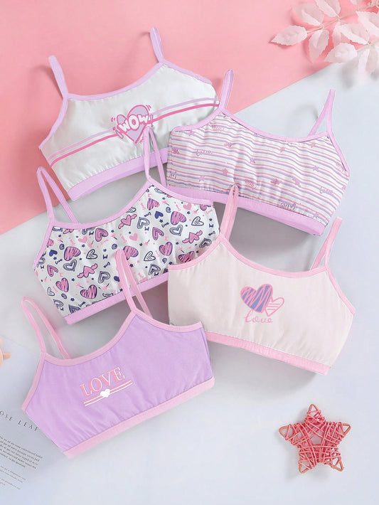 Tween Girl Heart Striped Print Vintage American Style Multiset Underwear