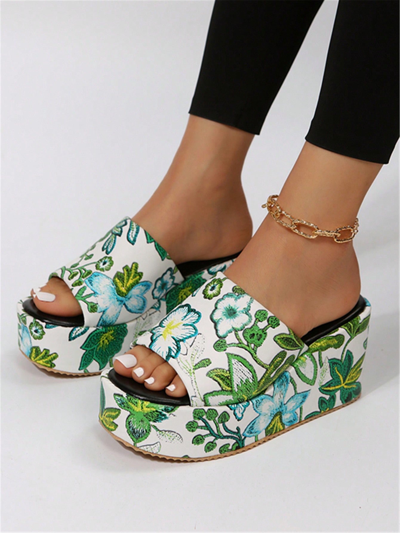 Women's Floral Print Wedge Heel High Platform Sandals With Ankle Strap, Large Size