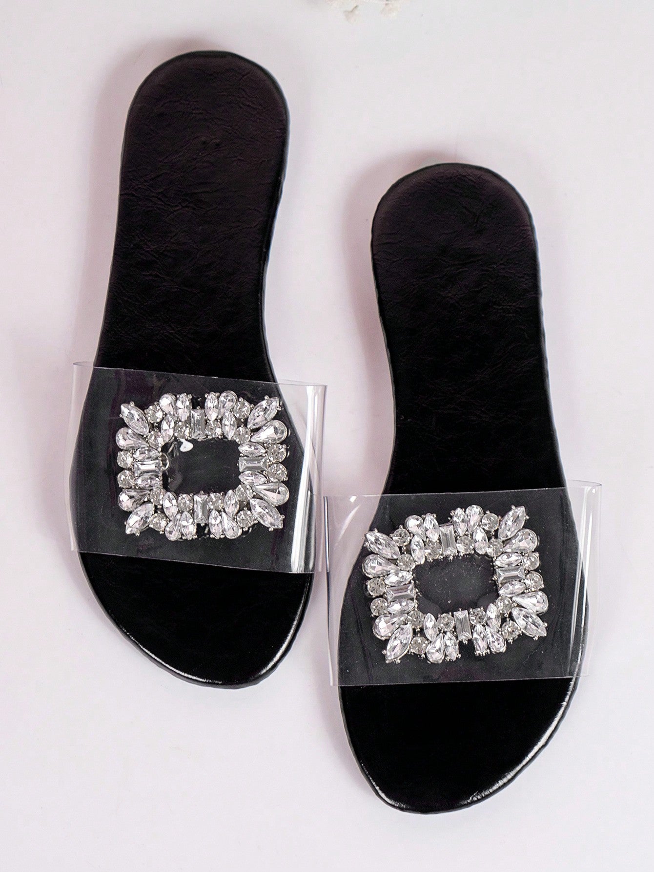 Beach Vacation Rhinestone Square Buckle Silver-Color Transparent Flat Women's Sandals