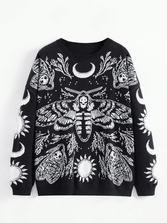 Mystic heart Plus Size Sweater With Insect, Sun And Moon Pattern, School