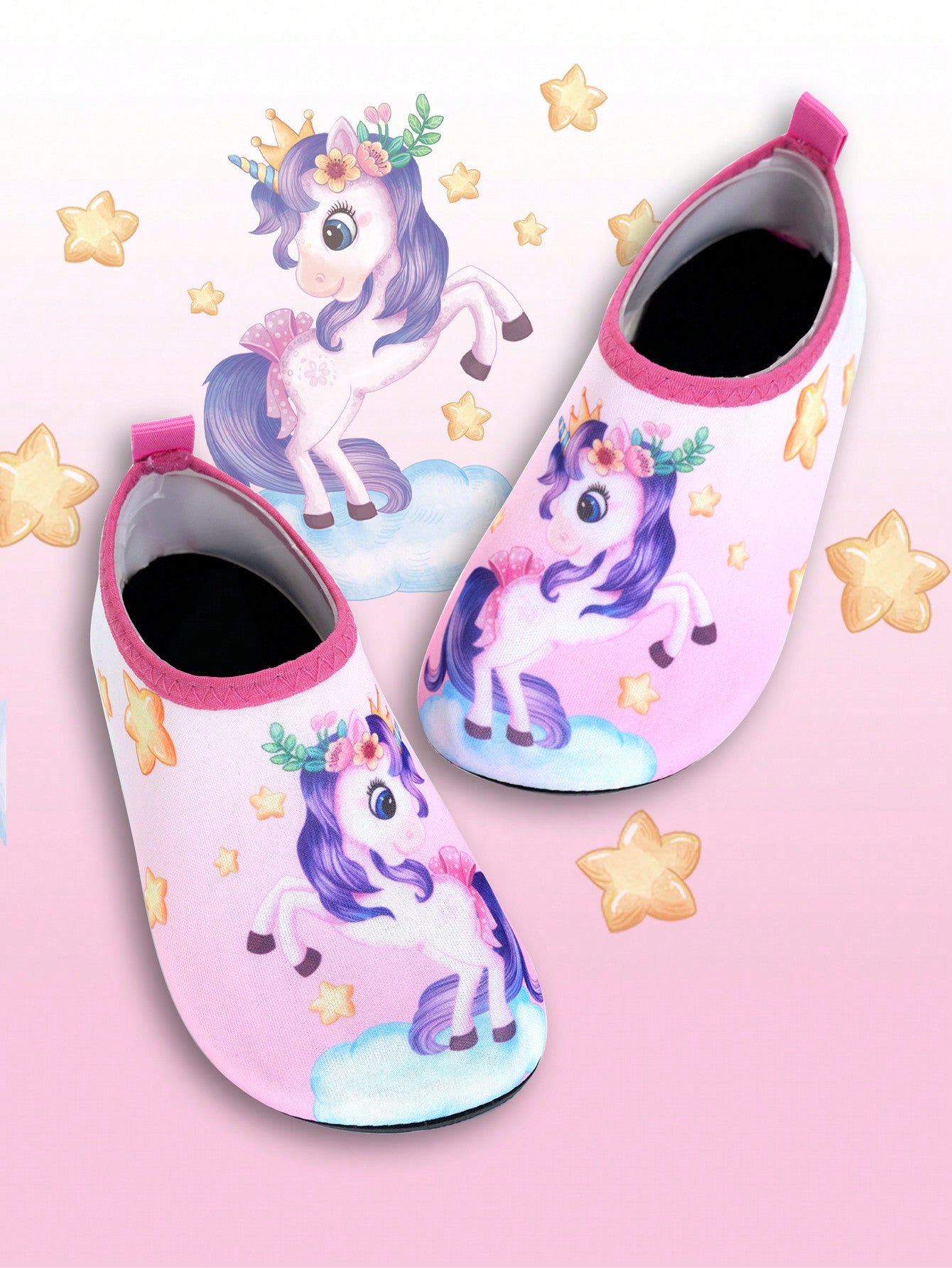 1pair Girls' Pink Unicorn Rubber Anti-Slip Cute Water Shoes For Beach & Breathable Yoga Shoes For Kids, Best For Toddler Walking Practice