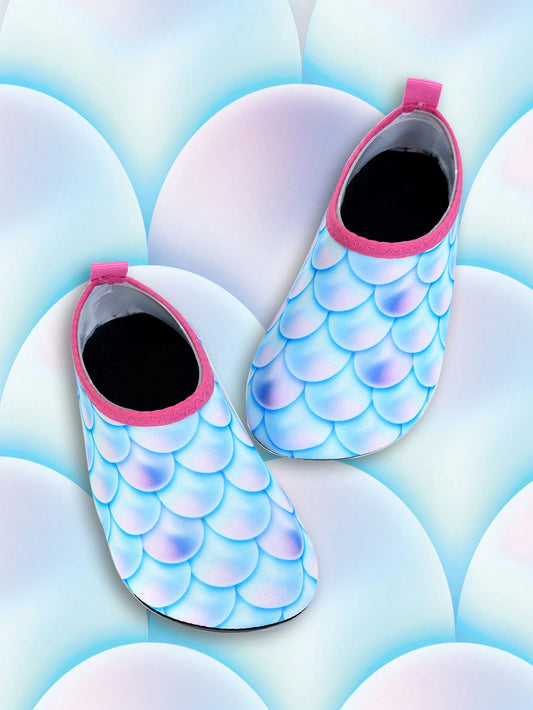 1pair Girls' Magical Mermaid Scale Pattern Rubber Anti-Slip Water Shoes For Beach & Breathable Soft Bottom Kids' Yoga Shoes & Baby's Learning To Walk Shoes