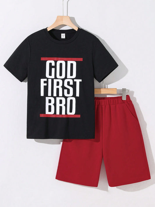 Tween Boys' Loose Fit Casual Letter Print Short Sleeve T-Shirt And Shorts Set, Summer