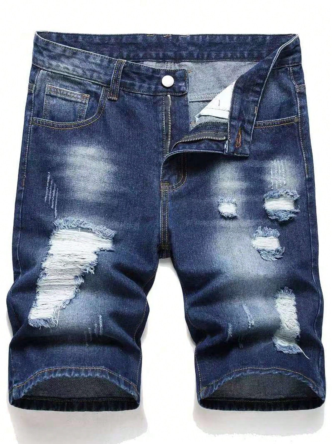 Men Ripped Frayed Bleach Wash Denim Shorts