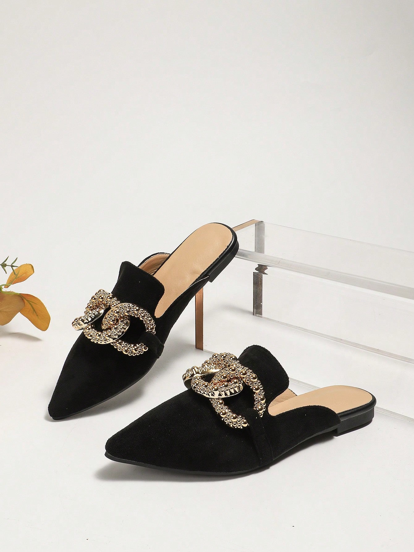 Ladies' Elegant Flat Pointed Toe Mules With Beige Suede Vamp, Ring Decor And Large Metallic Buckle