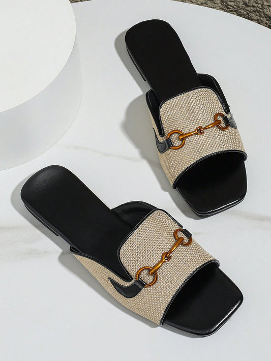 New Style Square Toe Flat Slipper For Women With Small Gold Buckle Detail And Toe Loop Strap