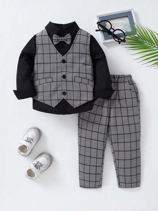 Young Boy 3pcs Suit With Grid Pattern Long Sleeve Shirt, Vest, Pants, Gentlemen's Formal Wear For Spring And Autumn Festivals