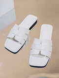 Teenagers' Lightweight Slip-Resistant & Wear-Resistant Square Toe Flat Pu Fashion Slippers For Women, Suitable For Spring And Summer Beach Vacation