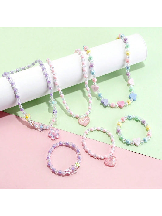 6pcs/Set Cute Heart & Flower Pendant Necklace, Beaded Bracelet Charm Set - Perfect For Holiday, Party, Birthday Gifts, Random Color