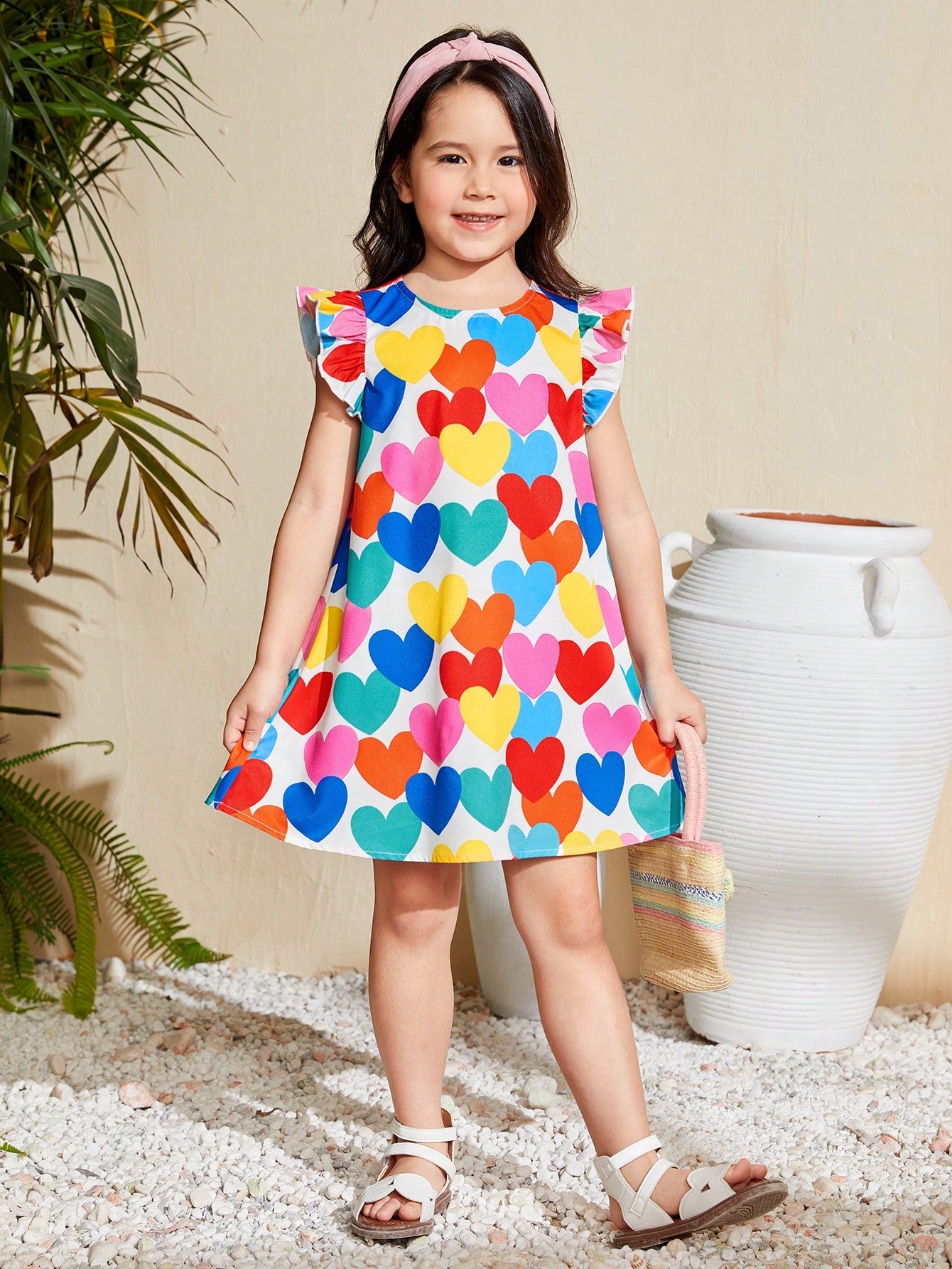 Young Girl's Knitted Round Neck Flying Sleeve Loose Casual Dress With Heart Pattern