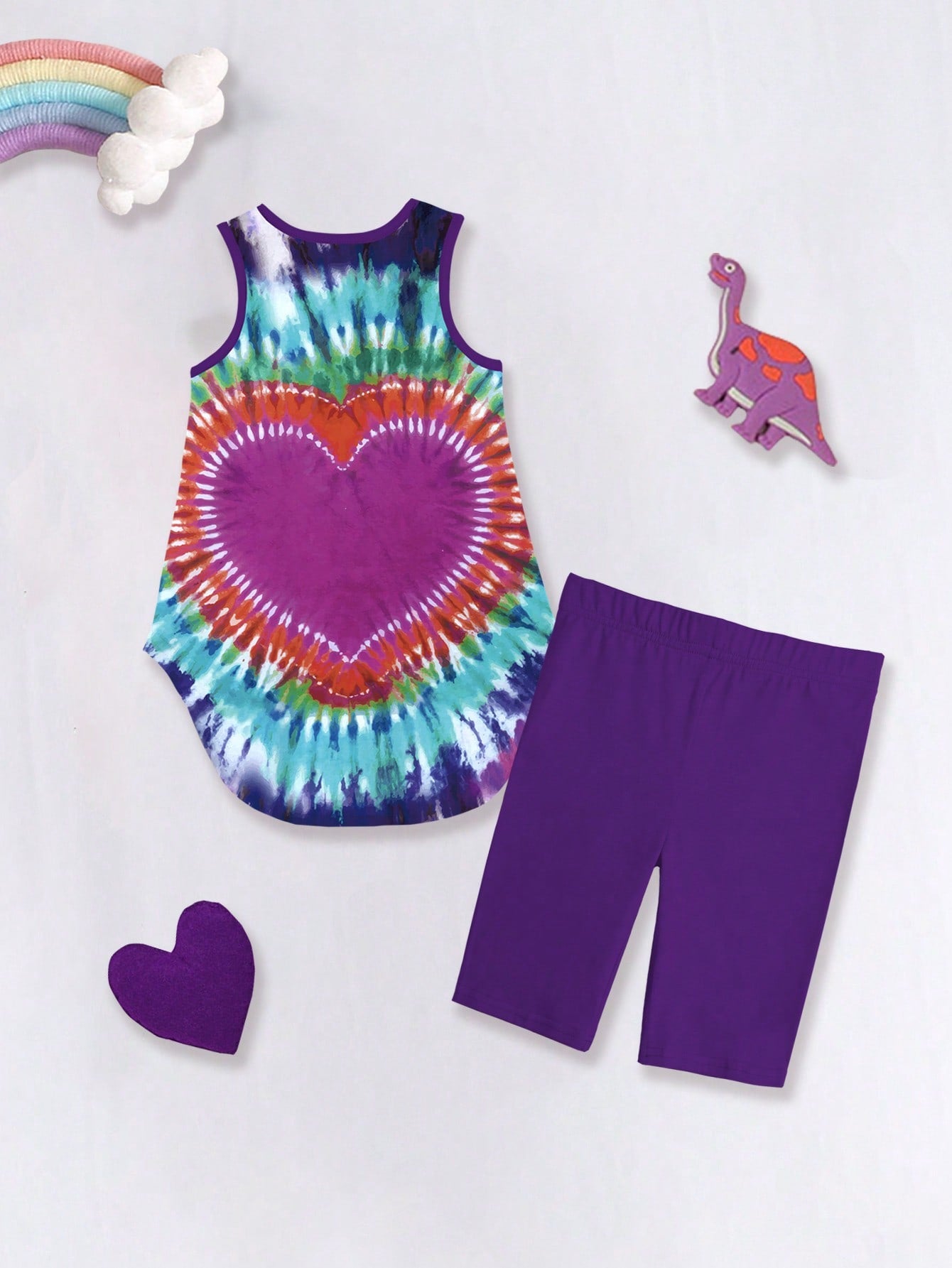 Tween Girl 1pc Cute Heart Tie Dye Front Short Back Long Vest And Mid Pants Set, Summer Daily Wear