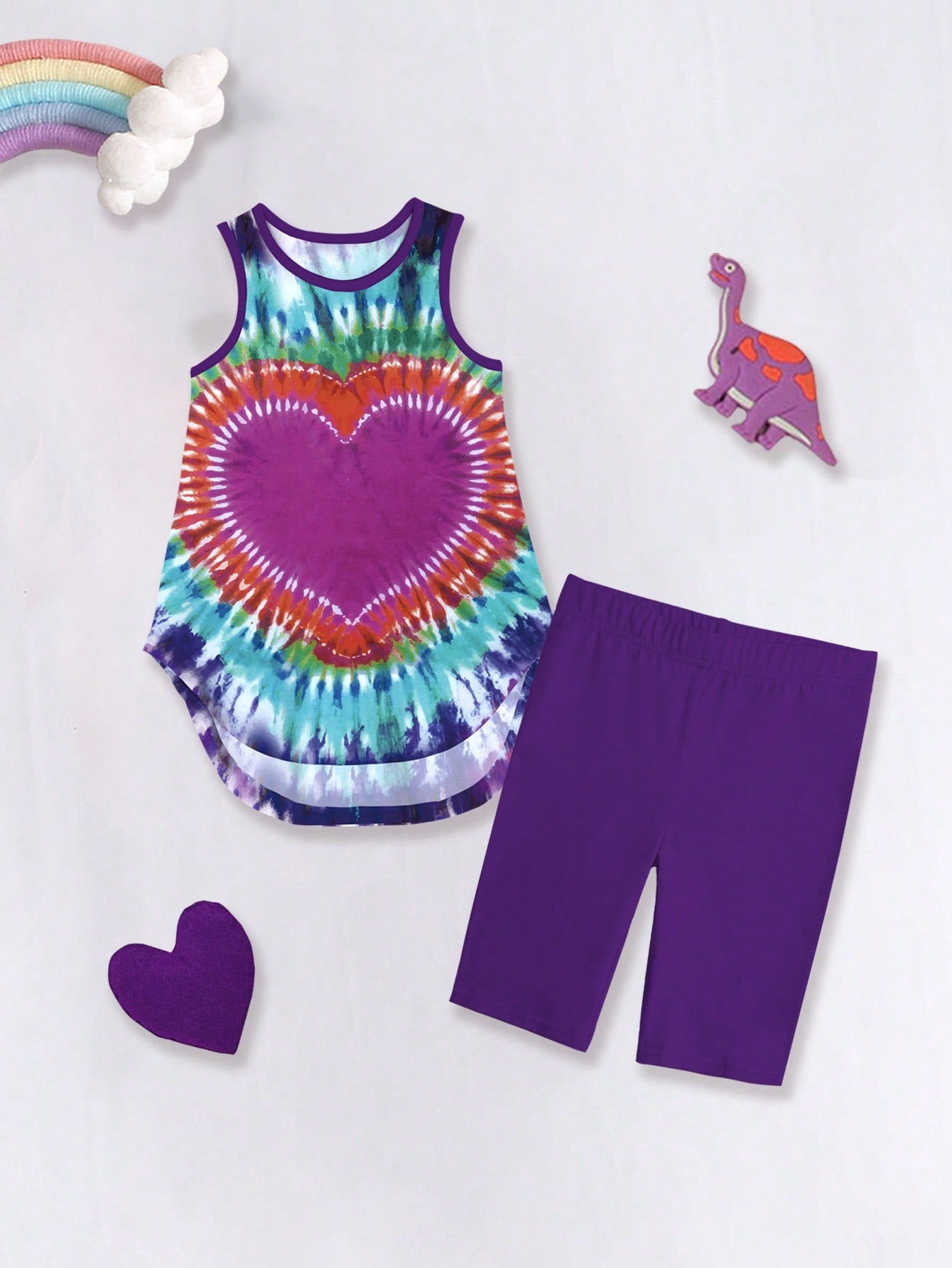 Tween Girl 1pc Cute Heart Tie Dye Front Short Back Long Vest And Mid Pants Set, Summer Daily Wear