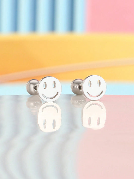 1pair Small Cute Stainless Steel  Face Stud Earrings For Girl Exquisite Party Jewelry For Friend Gift