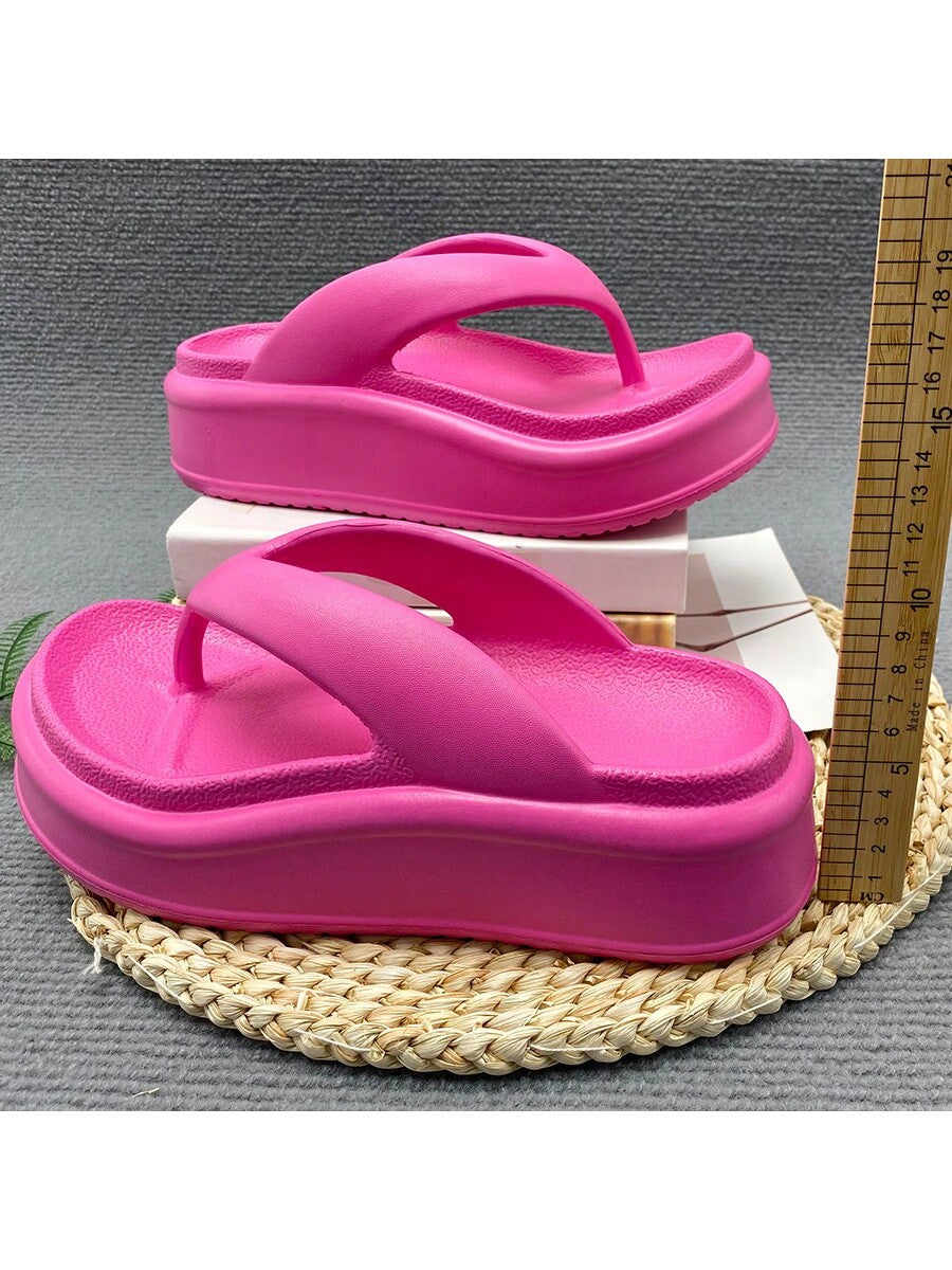 Ladies' Thick Wedge Heel Beach Slippers With Soft Heightening Soles, Non-Slip Flip Flops, Hot Pink Sandals