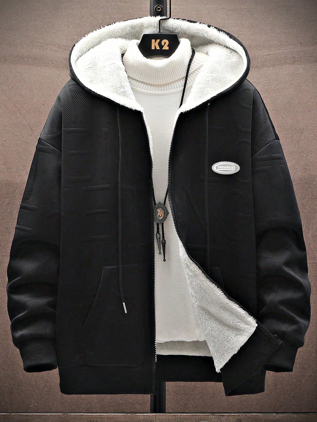 Men Letter Embossed Drop Shoulder Hooded Jacket Without Sweater